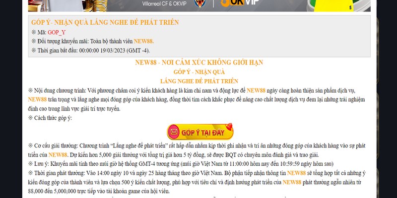 Code tặng cho người góp ý vào sự phát triển của NEW88